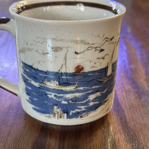 Vintage Coffee Mug Speckled Otagiri Japan Fishing Boats Seagulls Beach Sun - Picture 8 of 10